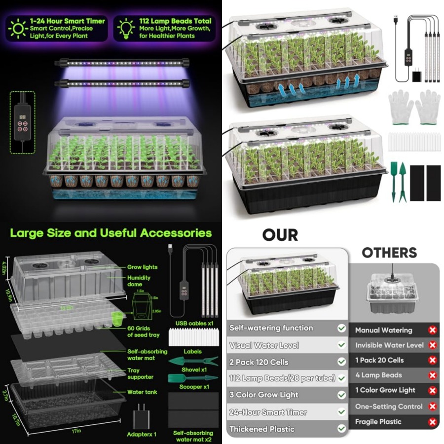 Humidity Dome Kit - 120-Zellen Selbstbewässernde Anzuchtschale mit Wachstumsbeleuchtung, 1-24-Stunden-Timer,