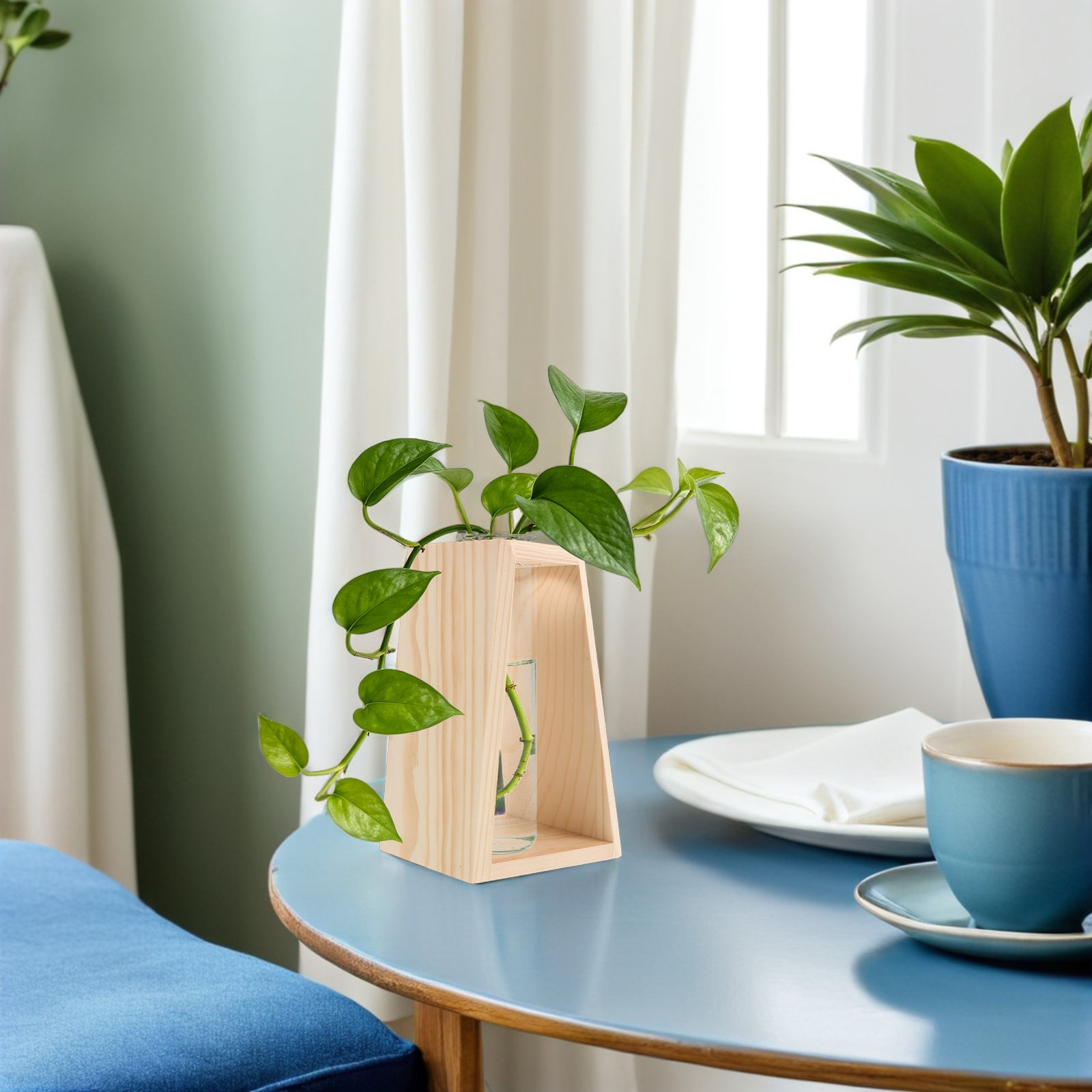 Propagation Station Vase - Einzelner Hydroponik-Pflanzglasbehälter mit Holzständer – Stabile